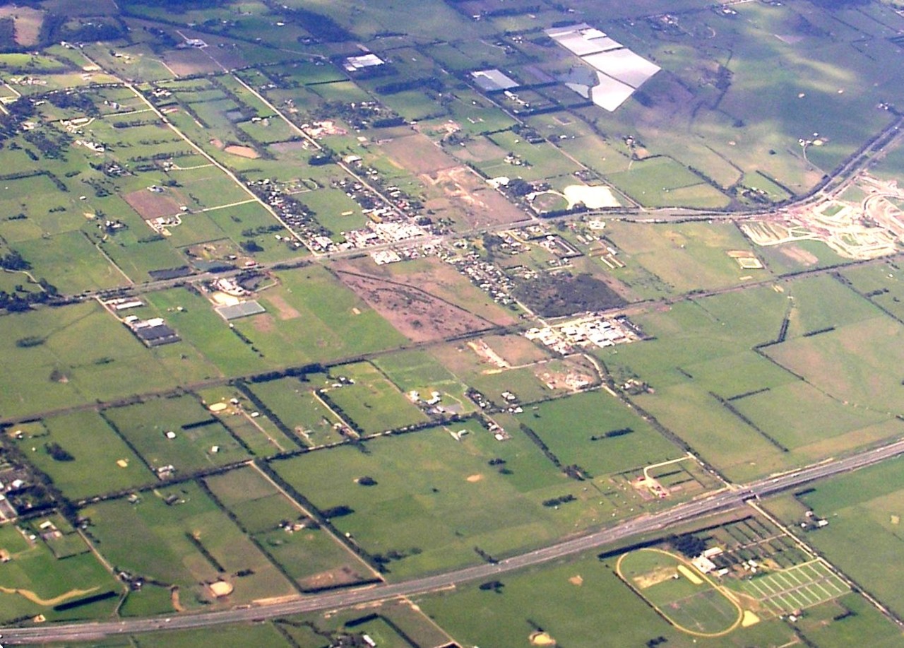 Officer, VIC, Aerial view of farmland and roads