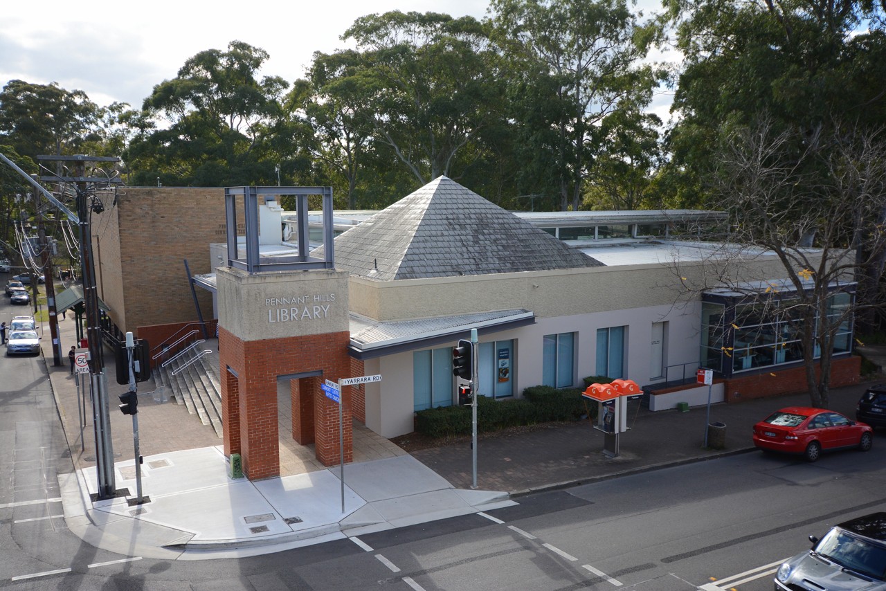 Pennant Hills, NSW, Modern library building at street intersection