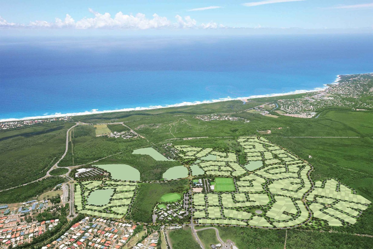 Peregian Springs, QLD, Aerial view of residential neighbourhood near coastline