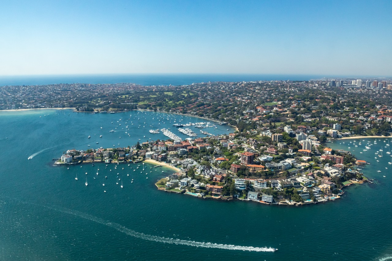 Point Piper, NSW, Aerial view of peninsula with boats and houses