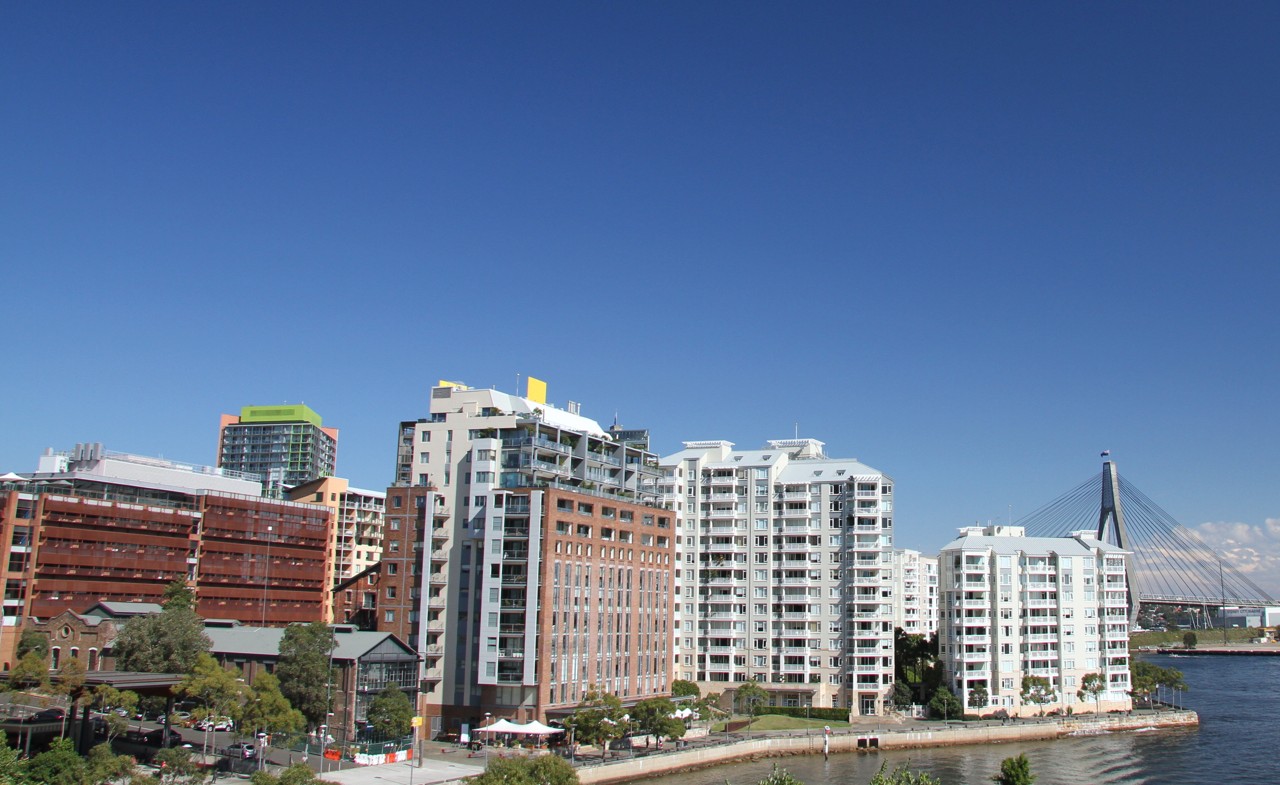 Pyrmont, NSW, Apartment buildings with Anzac Bridge in background