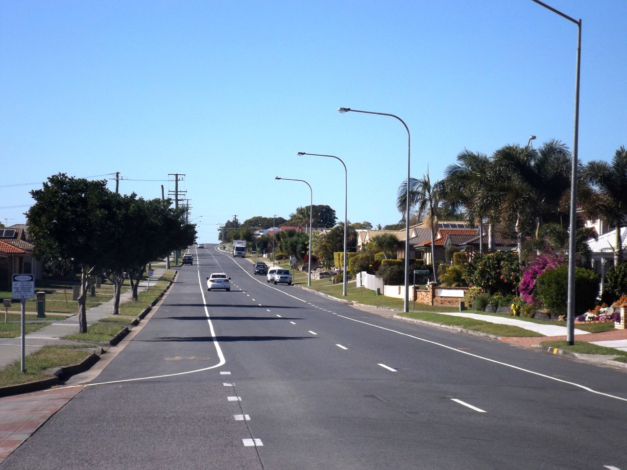 Raceview, QLD, Main road with houses and palm trees