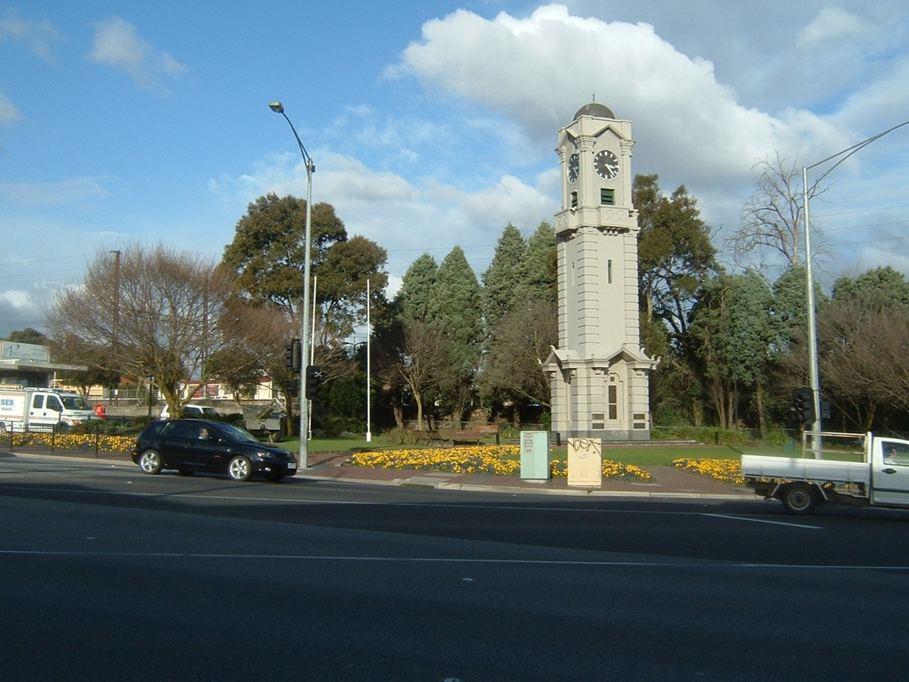 Ringwood, VIC, Clocktower at a road intersection with trees