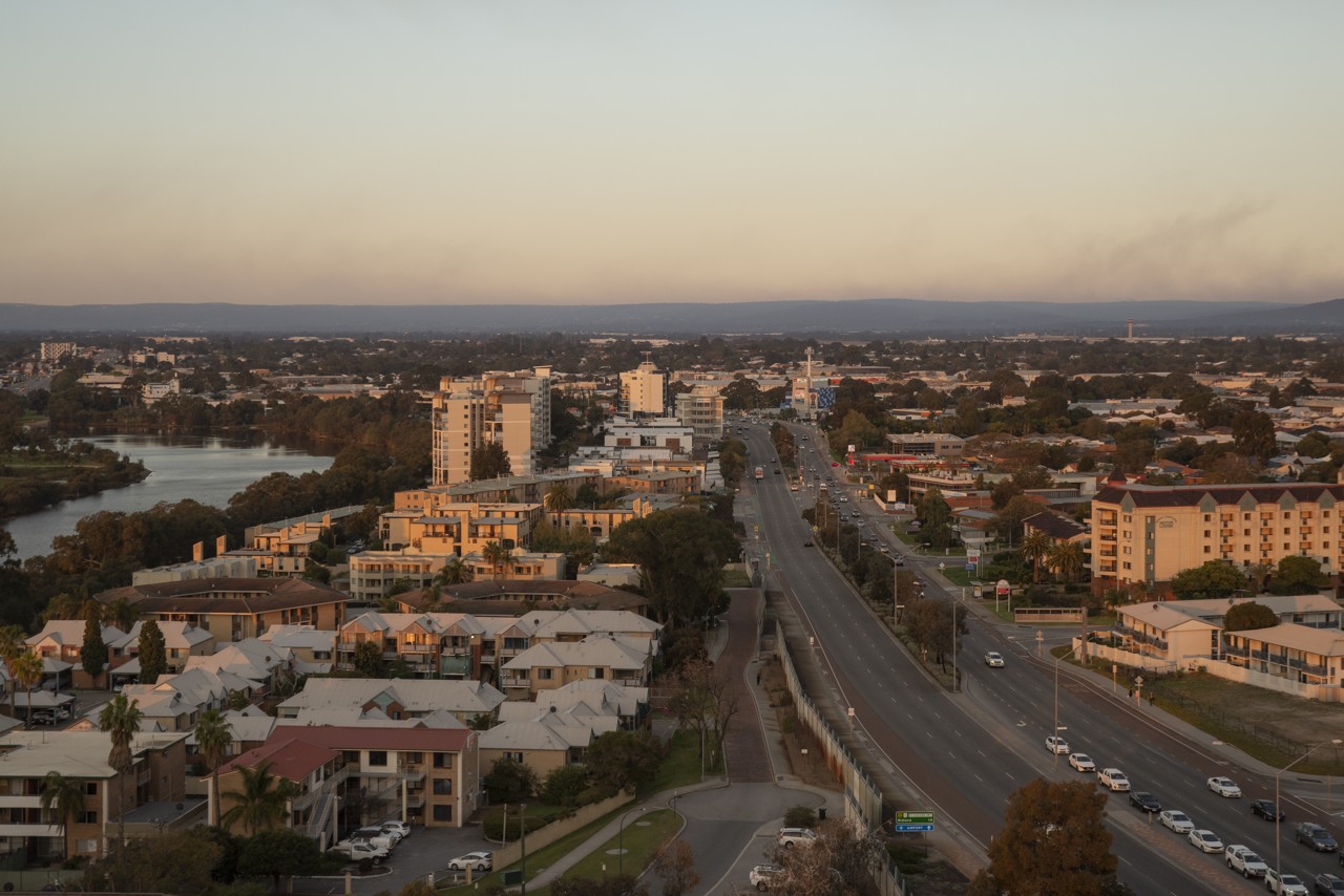 Rivervale, WA, Aerial view of a residential and commercial area