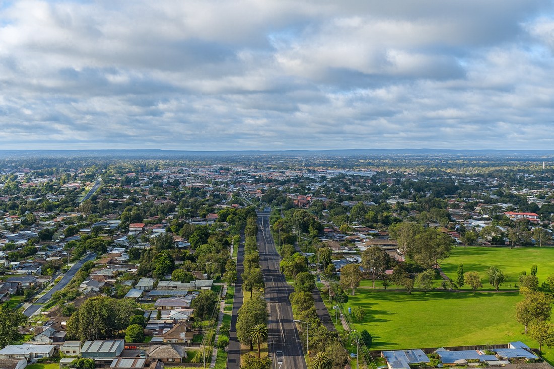 Sale, VIC, Aerial view of urban street and houses