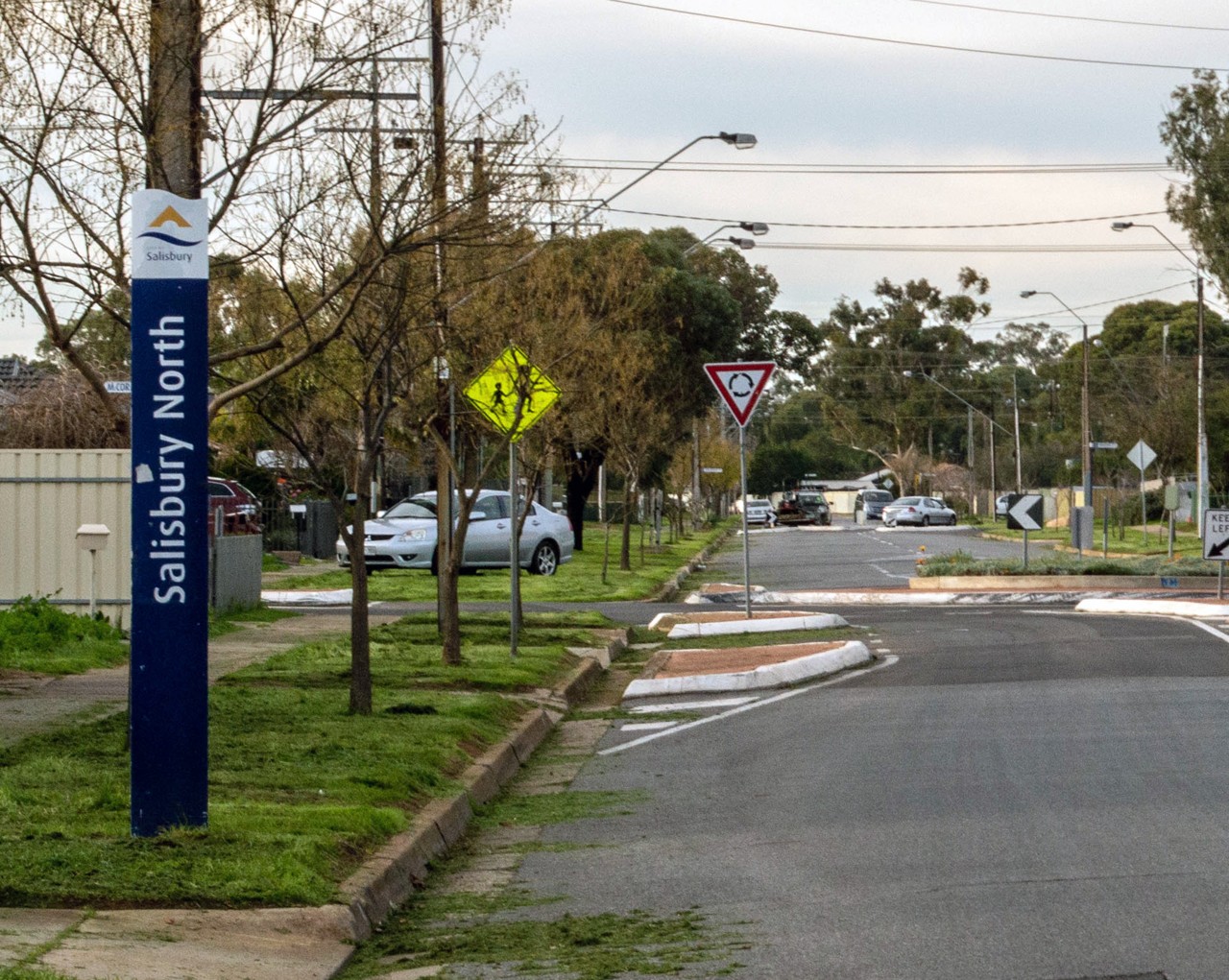 Salisbury North, SA, Residential street with roundabout and street sign