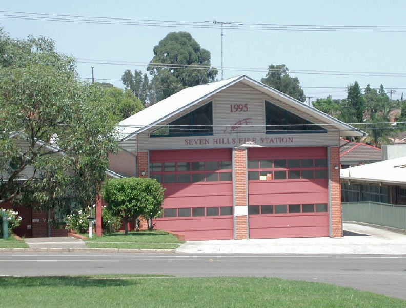 Seven Hills, NSW, Fire station with red doors and signage