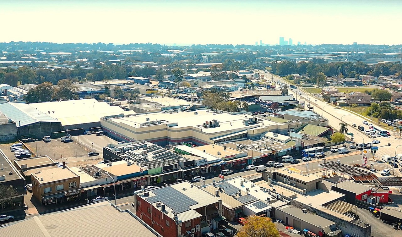 Smithfield, NSW, Aerial view of commercial and residential area