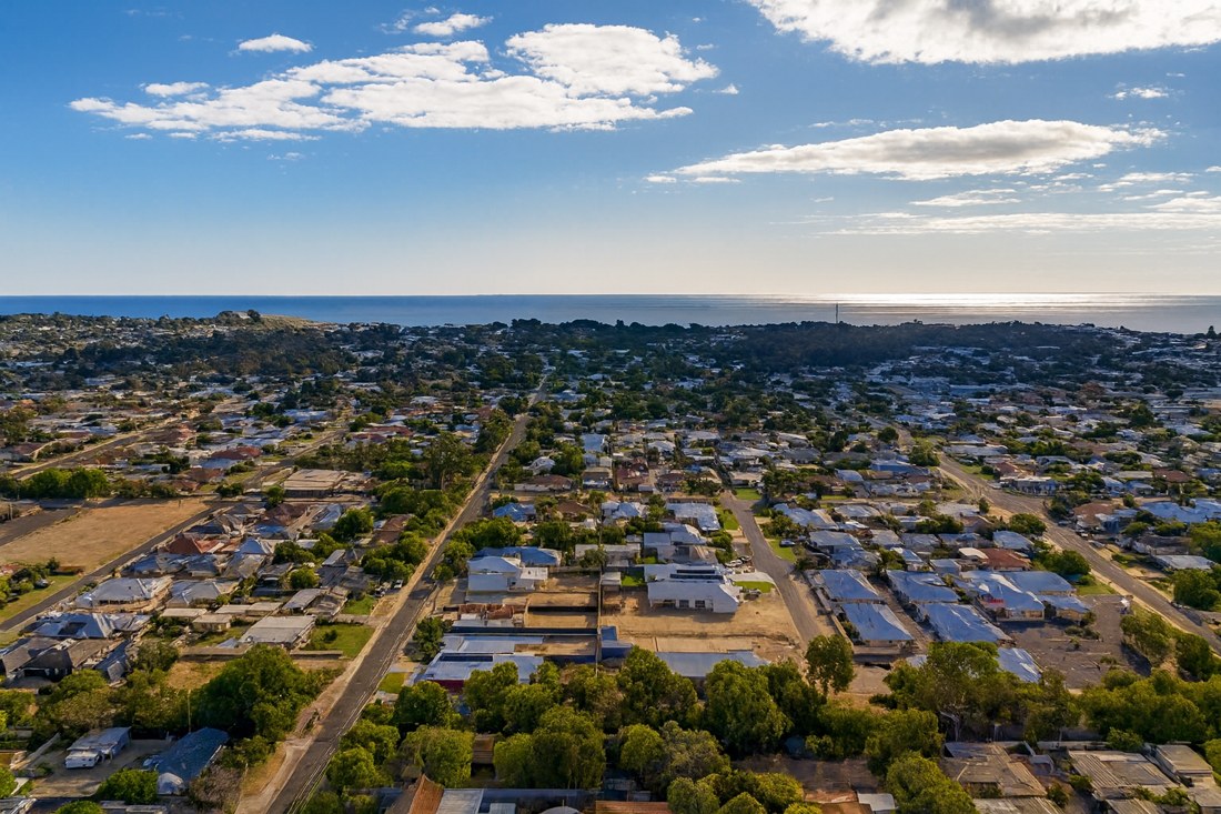 South Bunbury, WA, Aerial view of residential neighbourhood and coastline