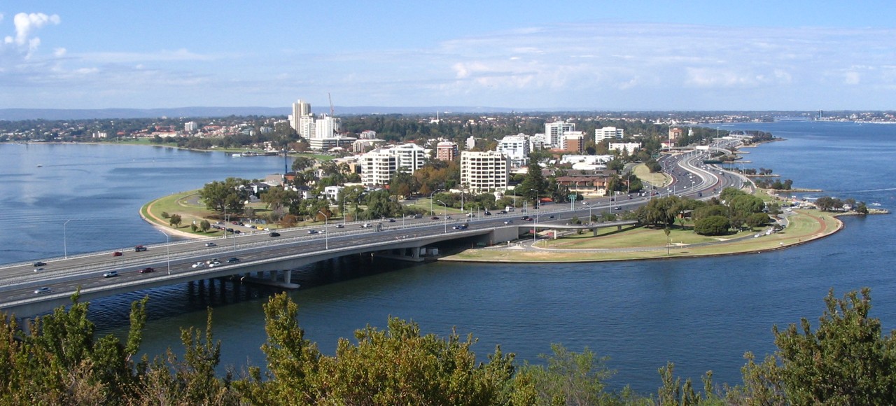 South Perth, WA, View of Narrows Bridge over Swan River