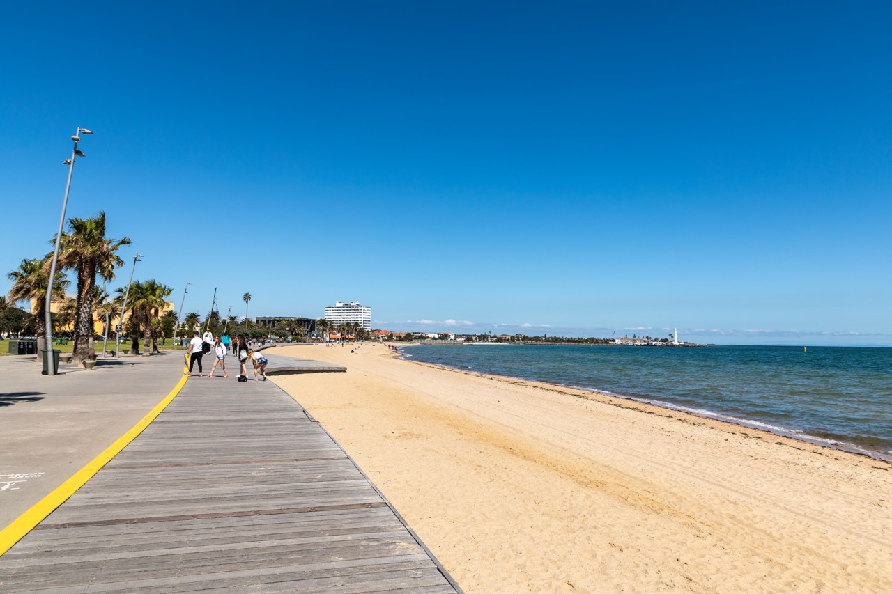 St Kilda, VIC, People walking on St Kilda Beach boardwalk