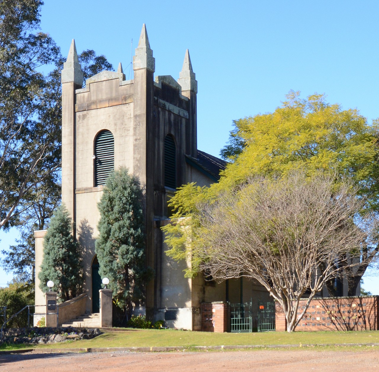 St Marys, NSW, Historic church with pointed towers and trees