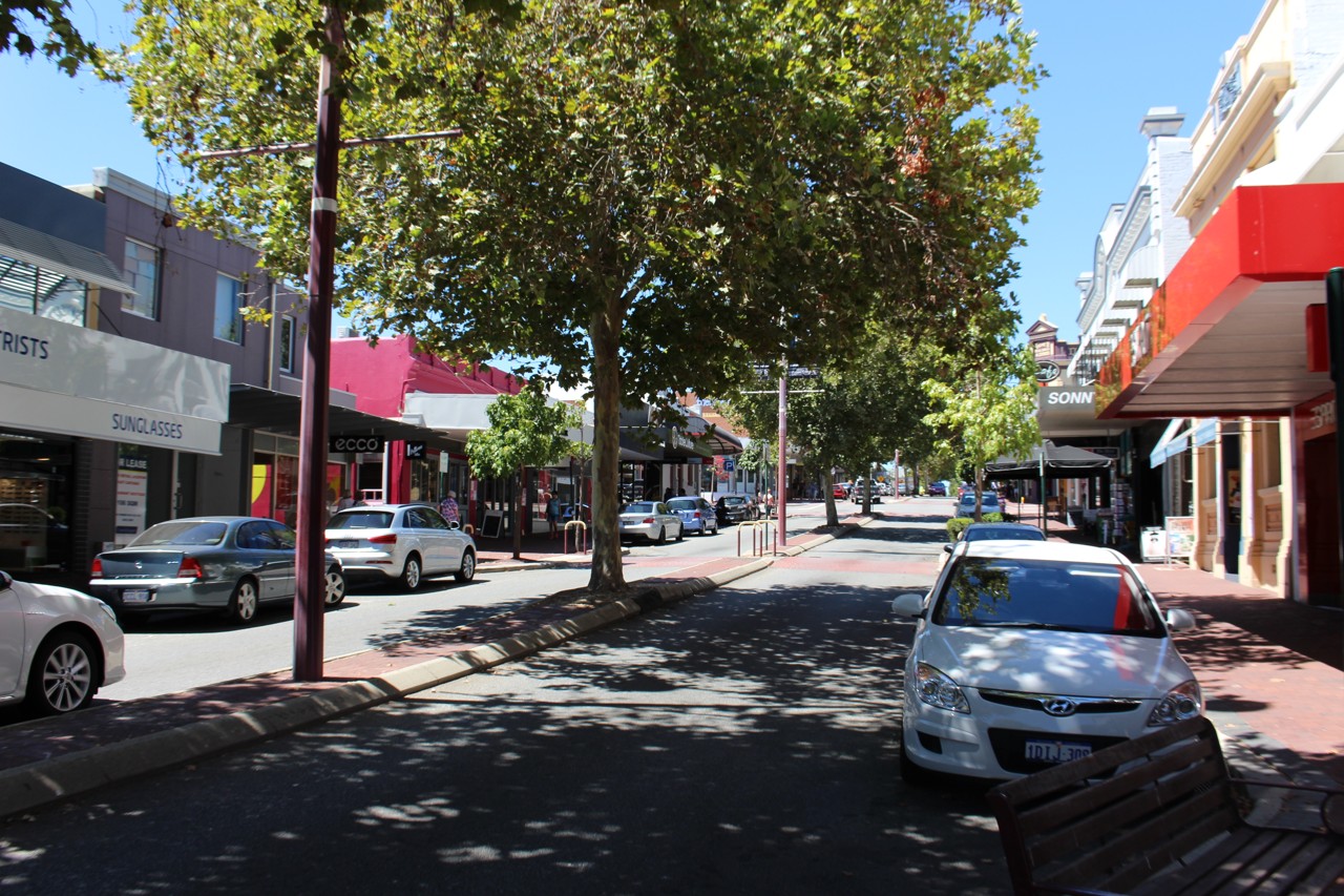 Subiaco, WA — Shops and trees along Rokeby Road