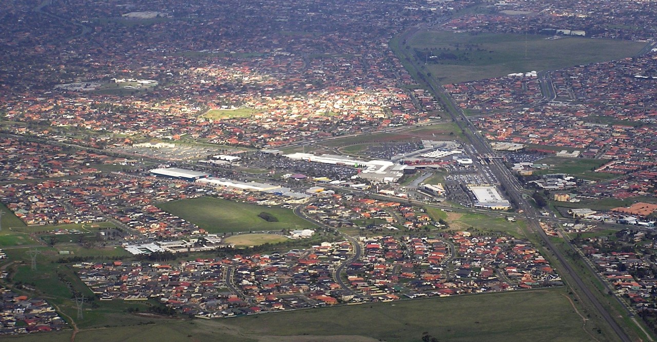 Taylors Lakes, VIC, Aerial view of suburban houses and roads