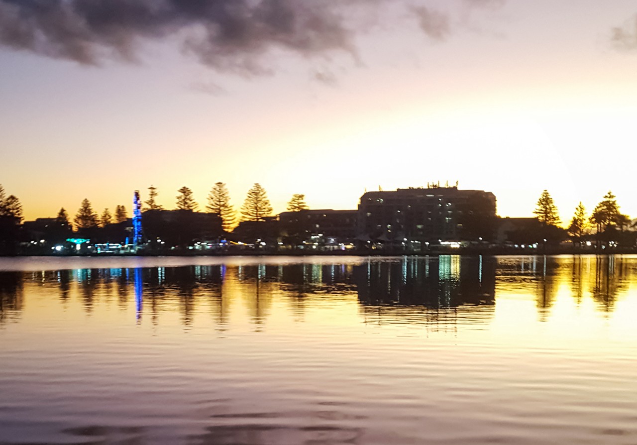 The Entrance, NSW, Silhouette of buildings and trees at sunset