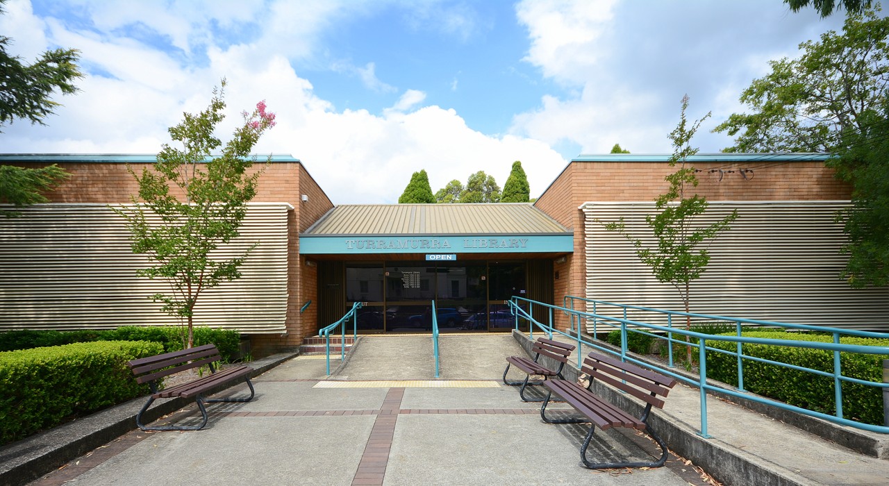 Turramurra, NSW, Entrance to the public library with benches