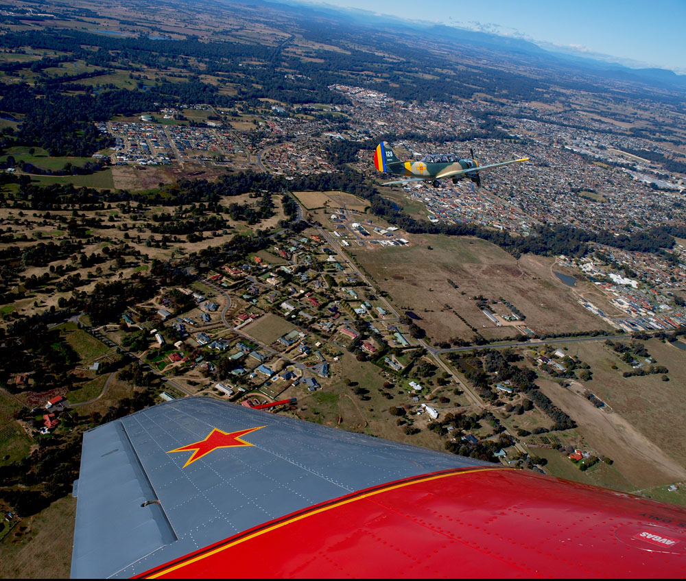 Wangaratta, VIC, Aerial view of city with aircraft wings