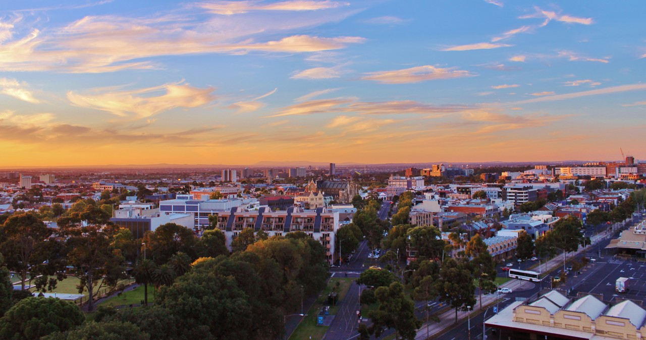 West Melbourne, VIC, Aerial view of cityscape at sunset