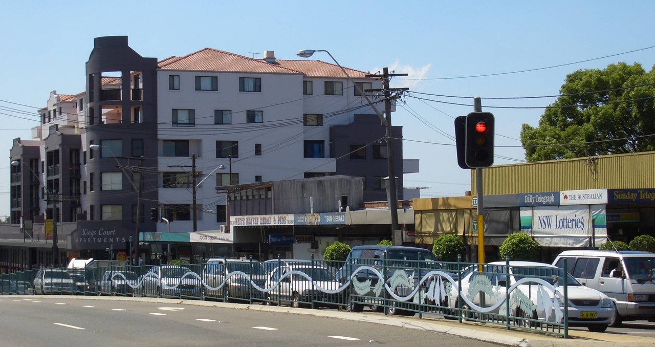 Wiley Park, NSW, Intersection with shops and apartment buildings