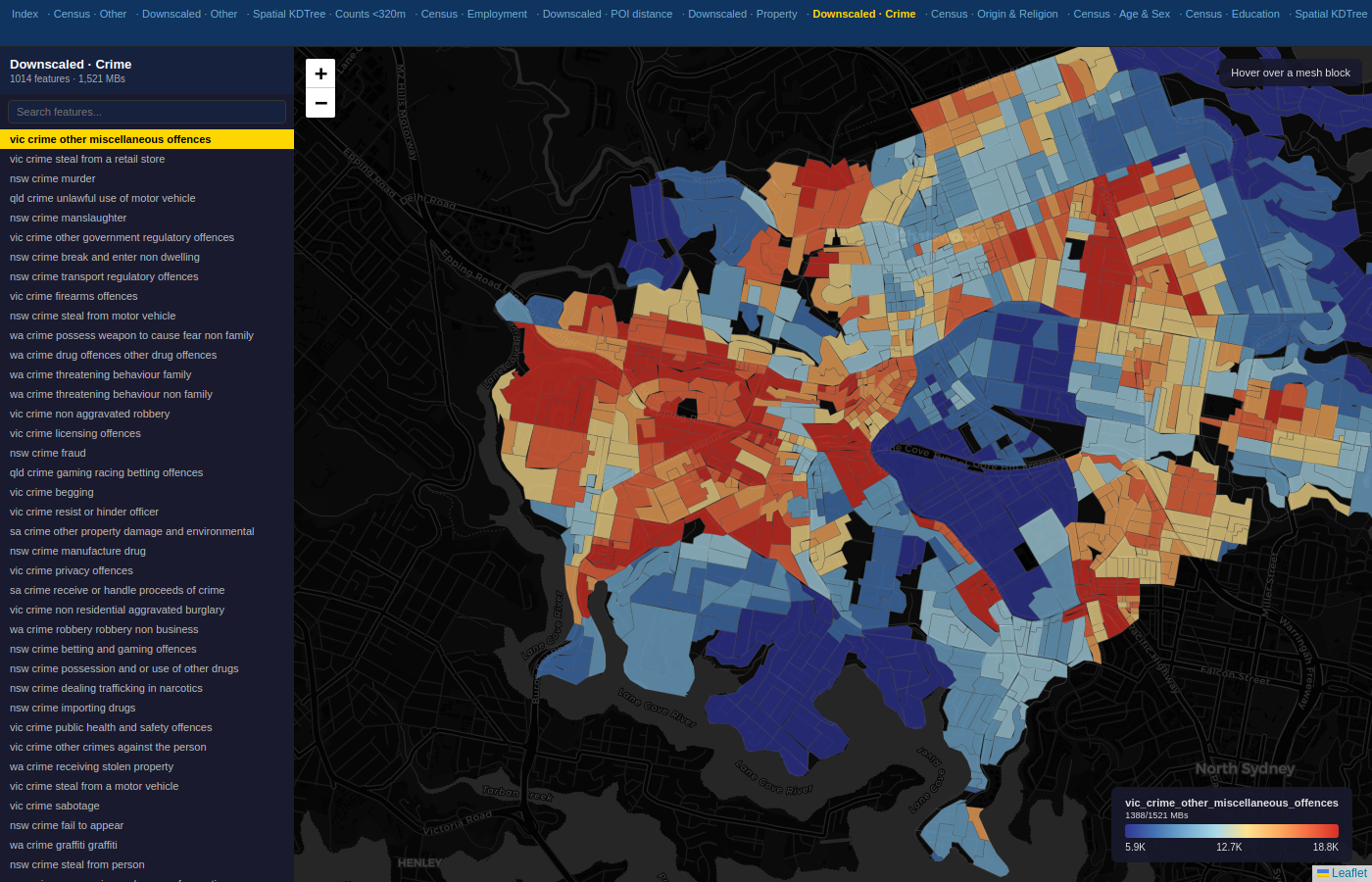 Mesh-block choropleth of downscaled crime features across one SA3