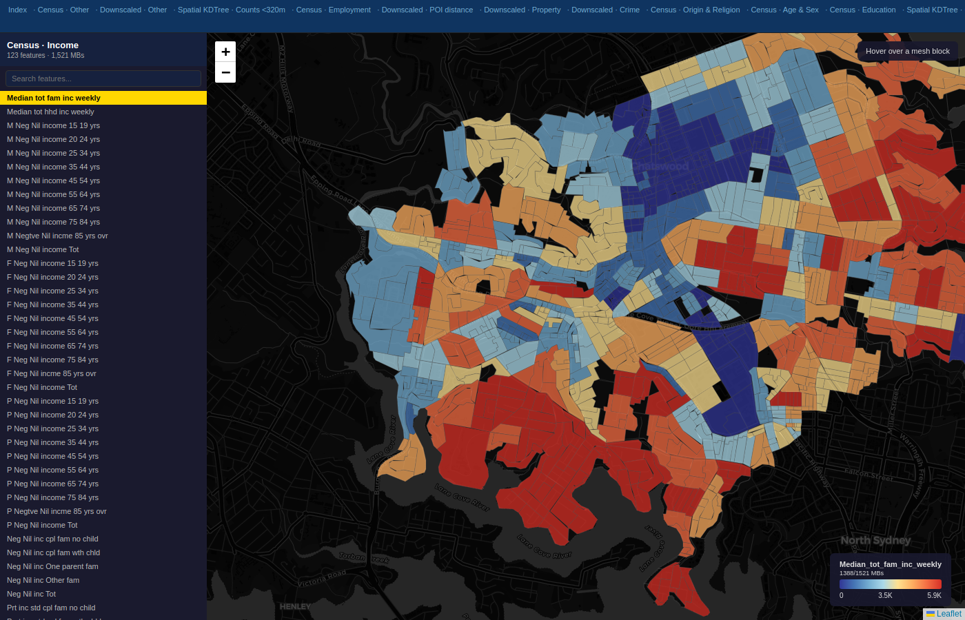 Mesh-block choropleth showing one of thousands of census variables downscaled to mesh block resolution