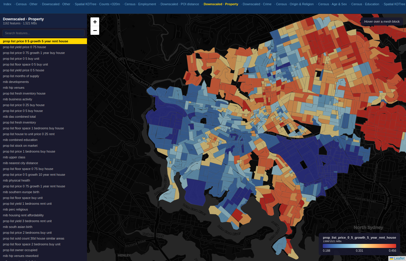 Mesh-block choropleth of downscaled property features across one SA3
