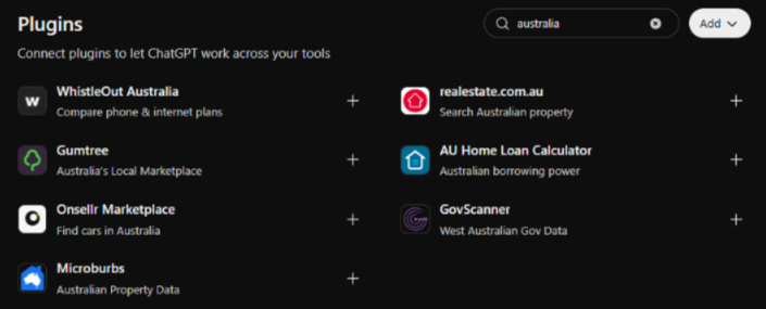 ChatGPT's plugin directory searched for 'australia', showing Microburbs — Australian Property Data — alongside other Australian apps.