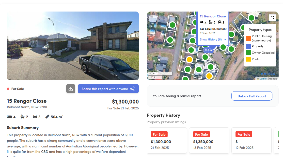 Property overview showing hazard and environmental flags