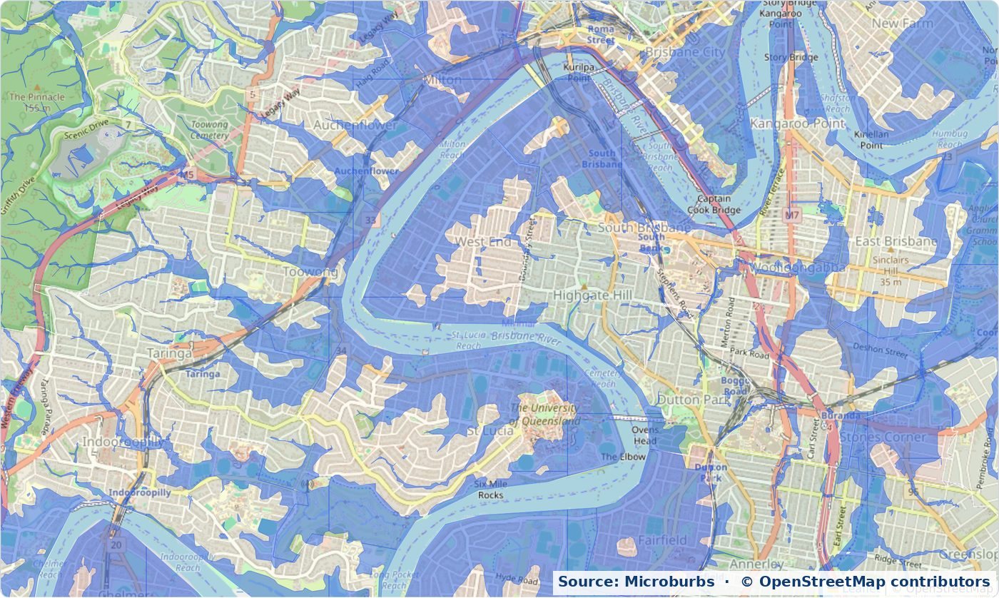 A Microburbs flood map: the area Brisbane City Council maps as flood-prone, shaded blue over the streets of West End, South Brisbane and St Lucia