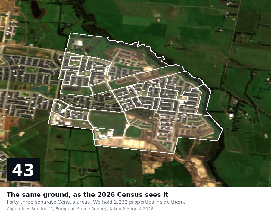 The same developing Clyde North area in satellite imagery dated 2 August 2026 with updated boundaries.