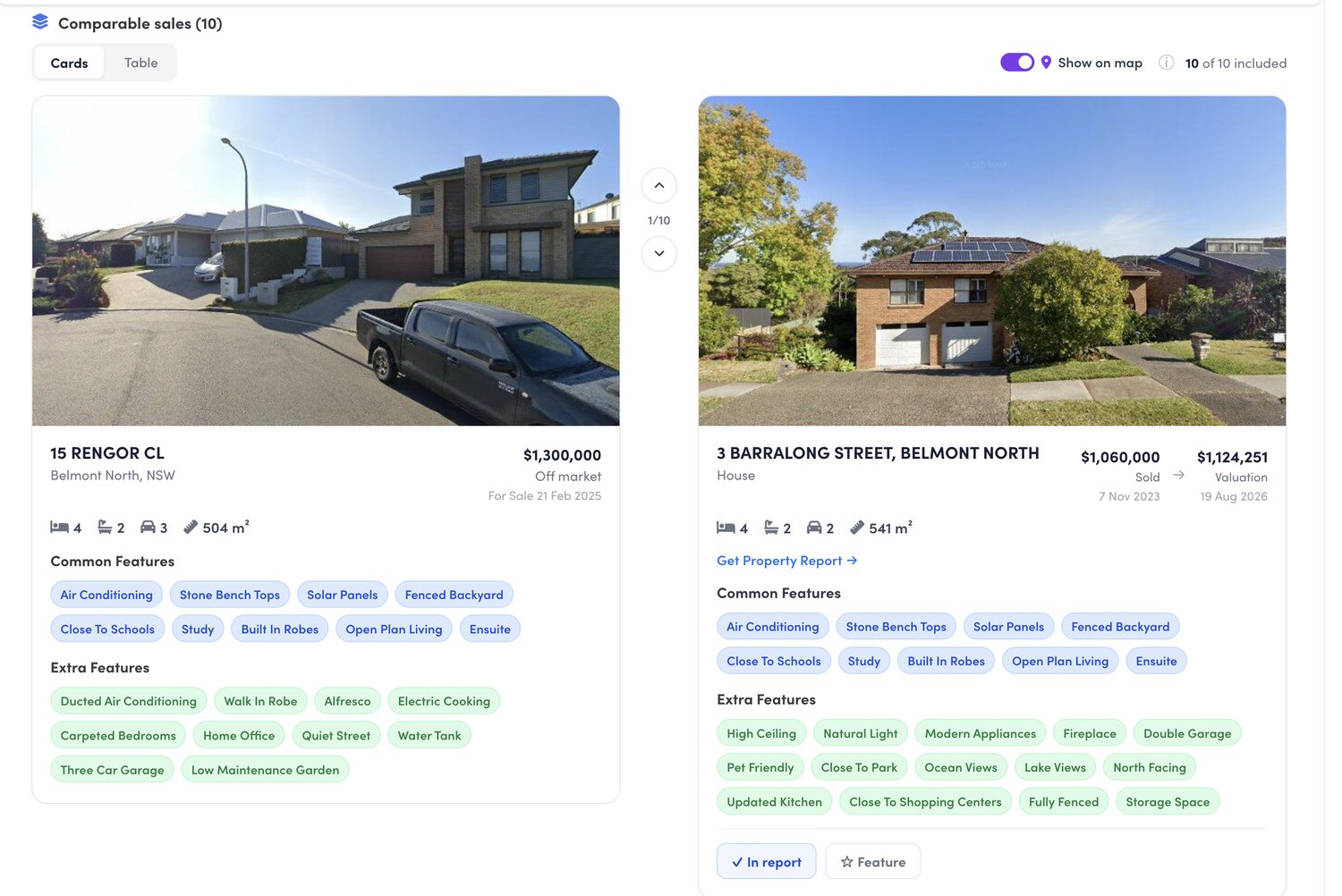 Comparable sales shown as cards with photos, sale prices, current valuations and matching features