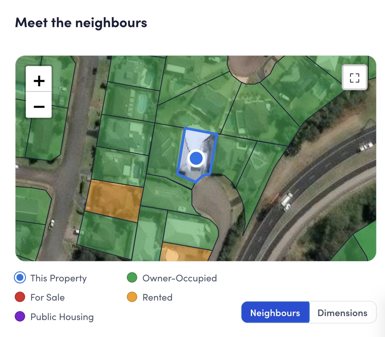 Satellite view of the blocks around one house, each coloured by whether the occupants own or rent