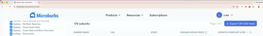 Top of the Suburb Finder results: 170 suburbs found, Export CSV, and the column headings