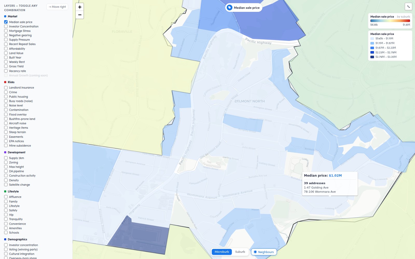Median sale price across all 77 pockets of Belmont North, each shaded by its own median