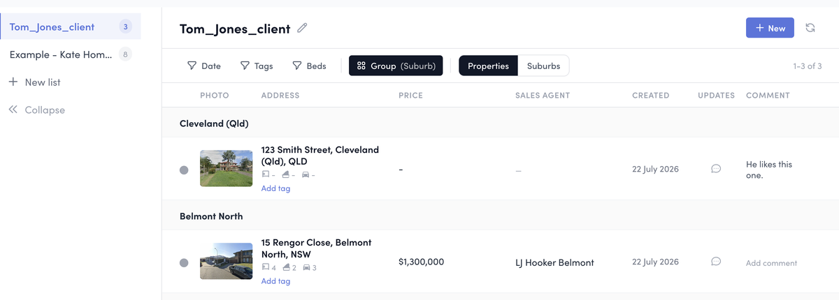 The real Watchlists adviser view: a per-client list with saved properties grouped by suburb, each showing price, sales agent, comment and tags