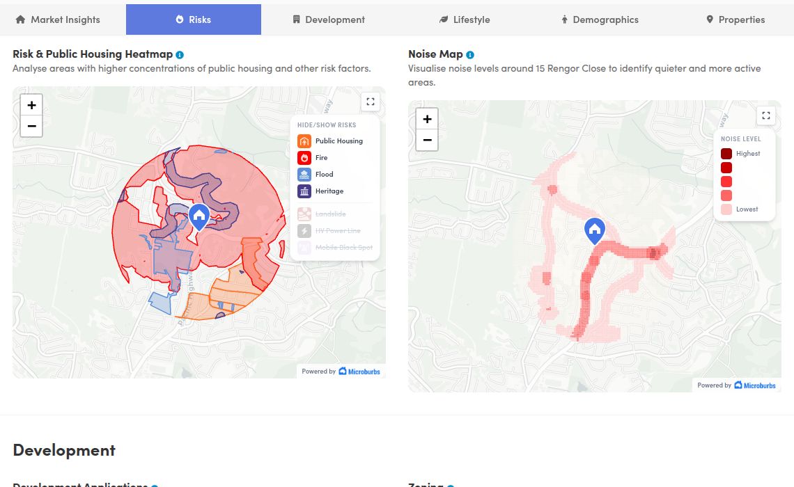 Risk maps section of the Microburbs report